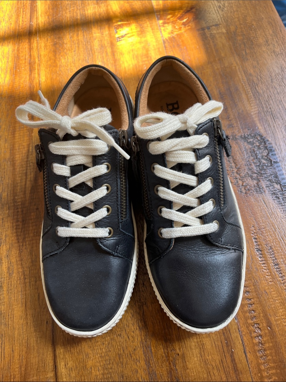 Born Black Leather Sneakers with Cream Laces and Side Zipper